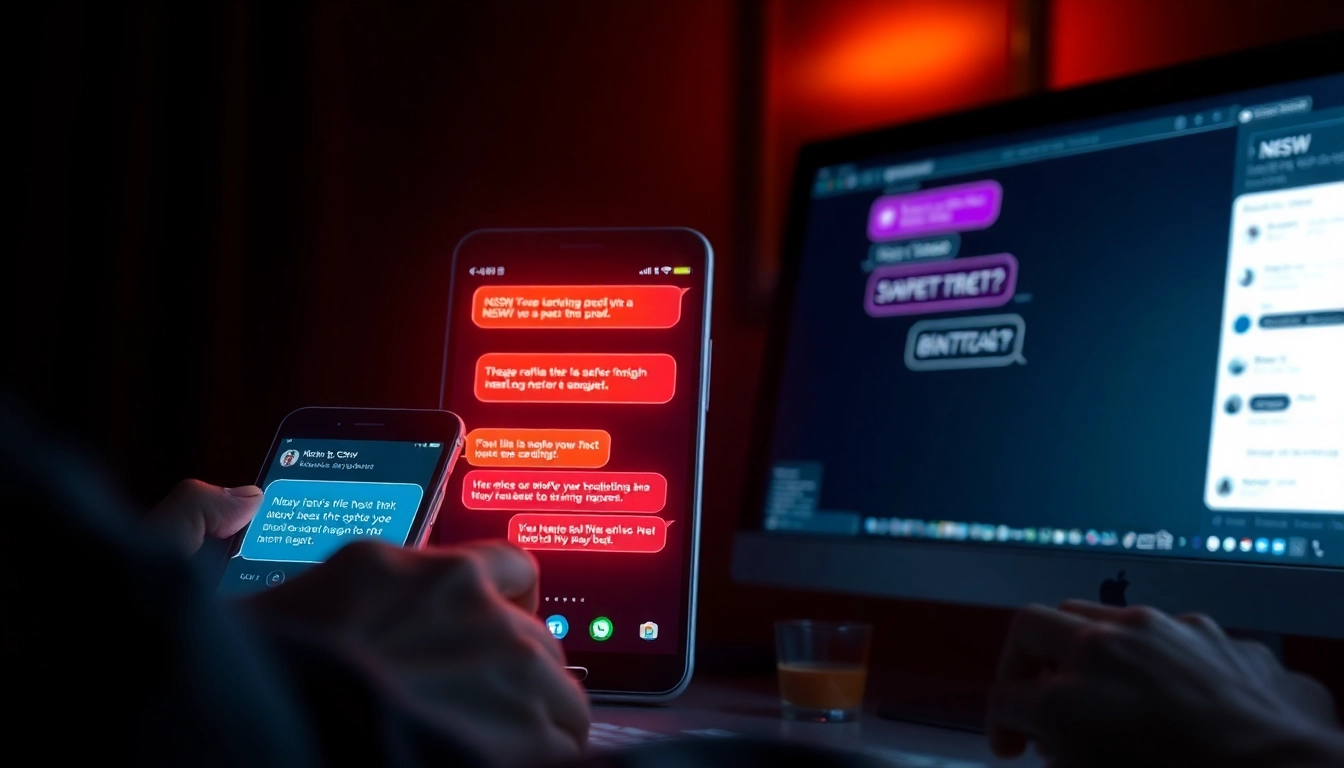 Close-up of a smartphone and tablet displaying NSFW AI chat conversations with glowing chat bubbles in a dark, intimate setting.