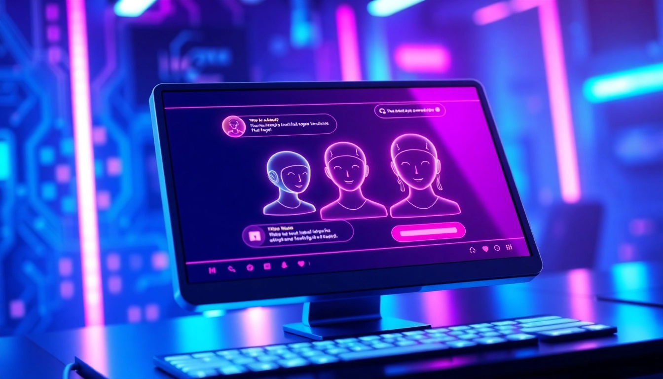 Futuristic AI chatbot interface with neon lights and holographic elements on a digital screen.