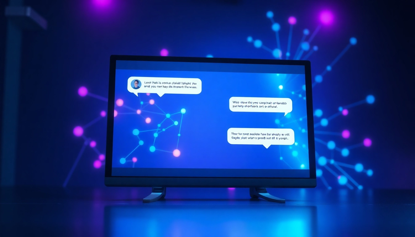 A high-tech digital chatbot interface with vibrant neon colors and abstract data streams, representing advanced AI technology.