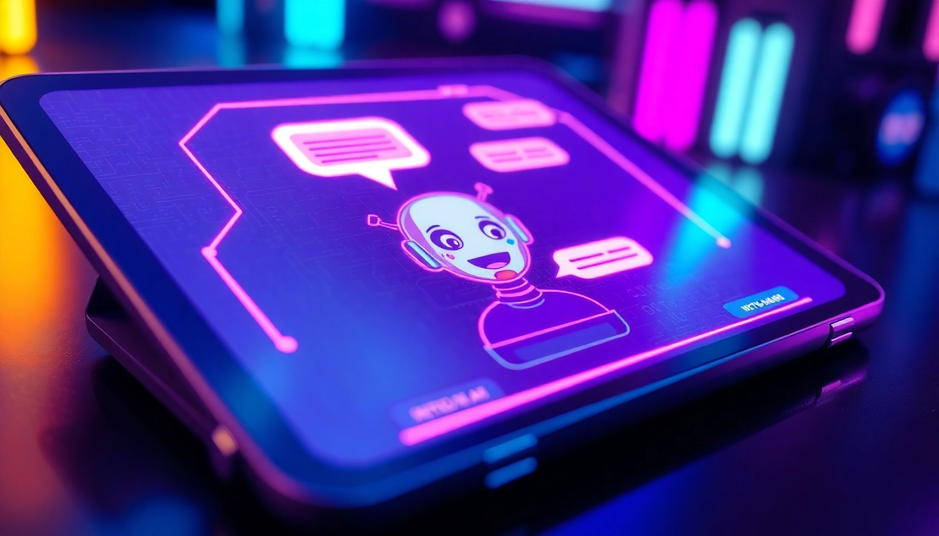 Close-up of a futuristic tablet displaying a vibrant AI chatbot interface with neon colors and digital textures.
