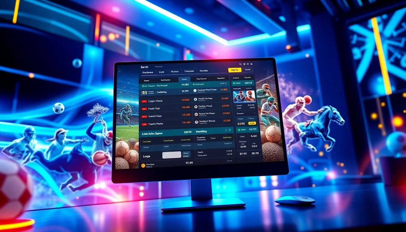 Digital illustration of an online sports betting platform with sports icons and dynamic neon lighting.