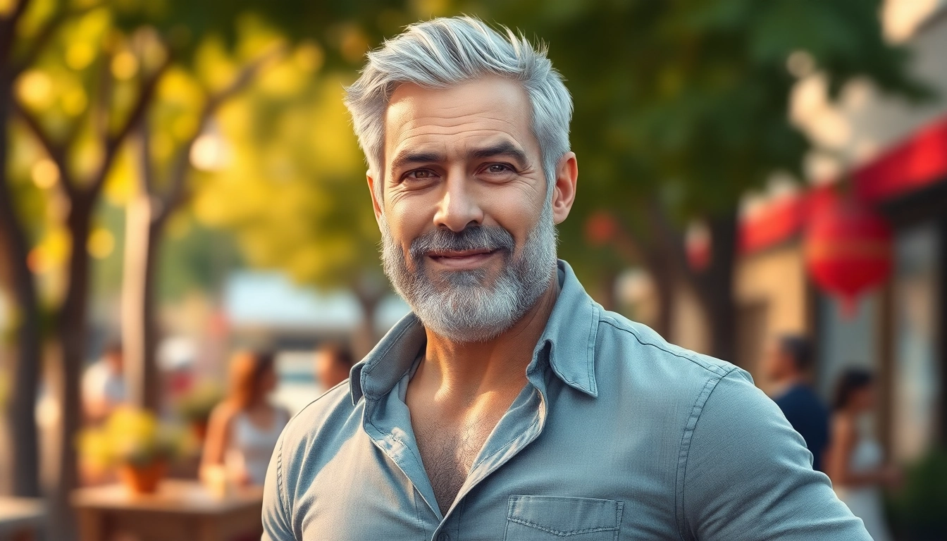An attractive, mature man with salt-and-pepper hair and a confident smile in a vibrant outdoor setting.