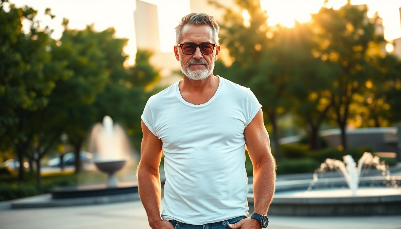 Older attractive man standing confidently in a park during golden hour with city skyline in background