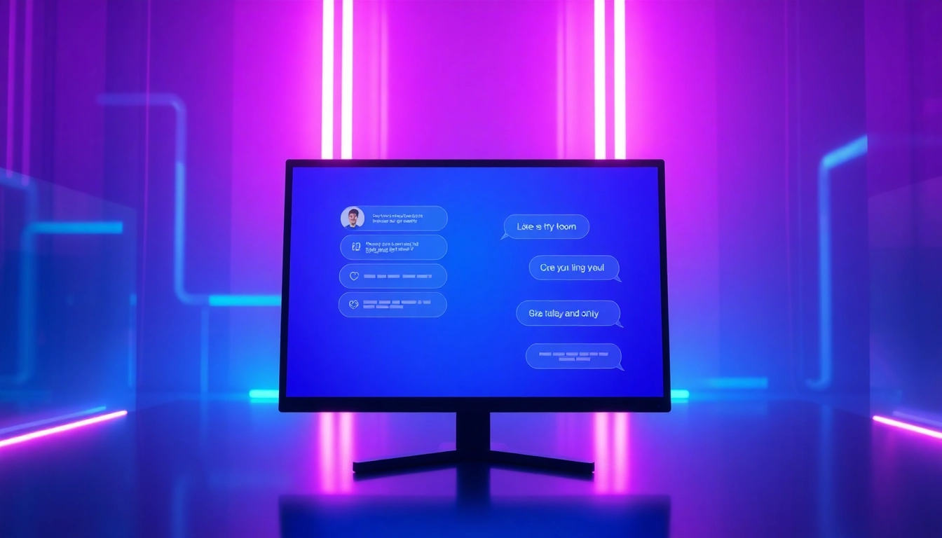 Futuristic AI chatbot interface with neon lights and customizable avatars on a high-tech screen.