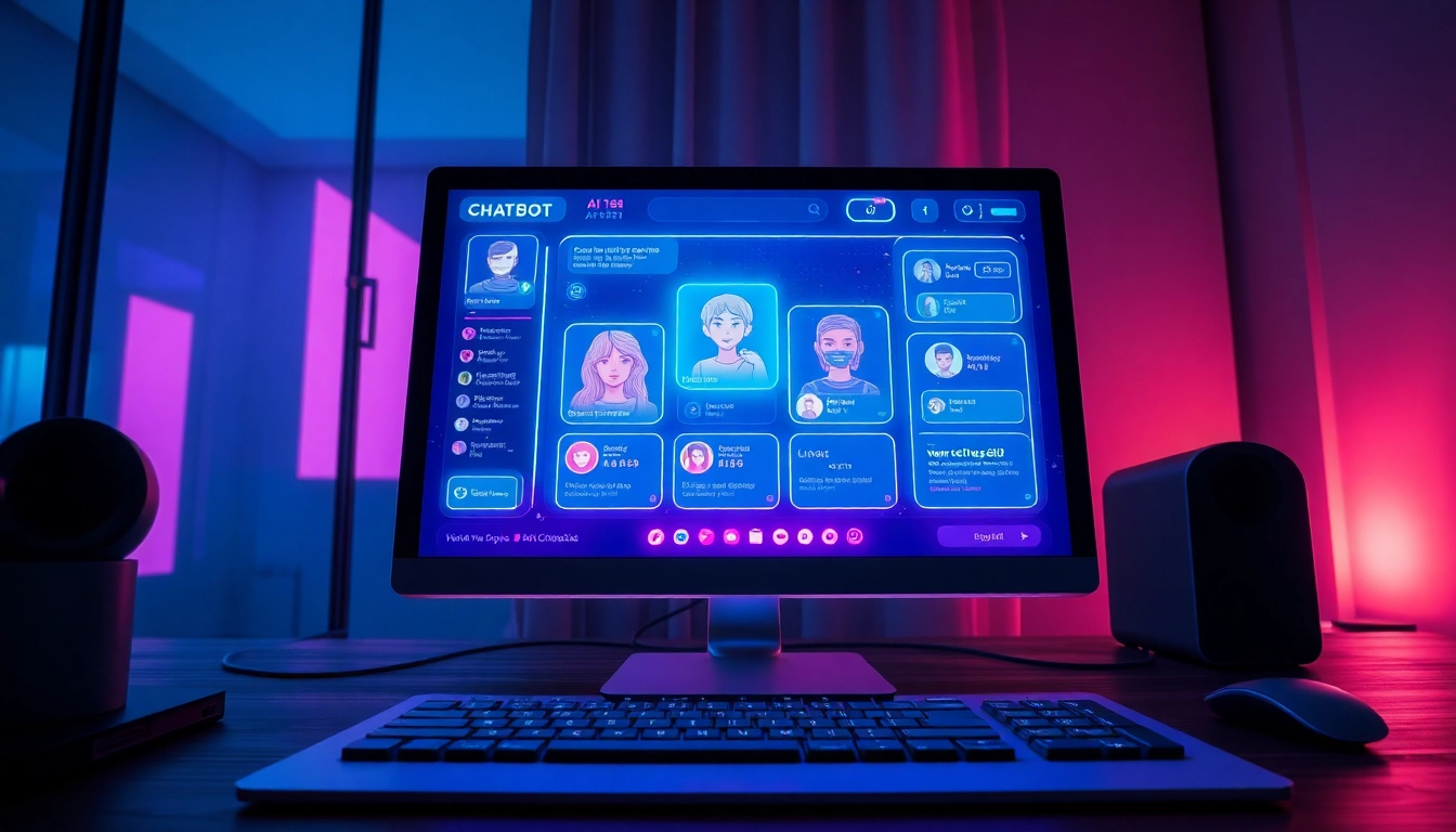 Futuristic computer screen displaying customizable AI chatbot profiles with neon lighting effects.