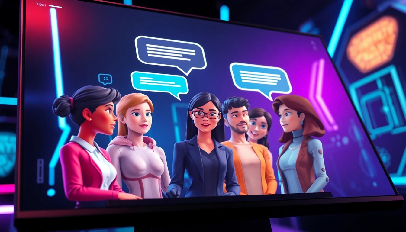 Futuristic AI chatbot interface with animated characters in conversation, glowing text bubbles, and neon cyberpunk background.