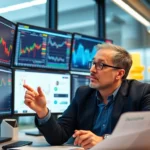 Financial analyst analyzing Investment News with stock charts, gold, and currency visuals in a