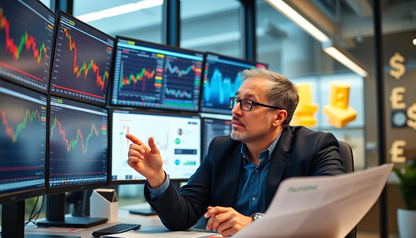 Financial analyst analyzing Investment News with stock charts, gold, and currency visuals in a