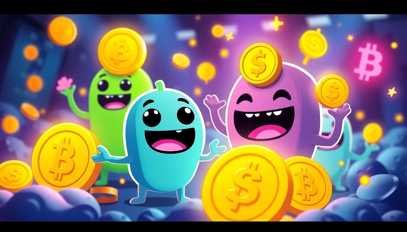 Engaging scene highlighting crypto meme coins with playful characters and blockchain symbols to